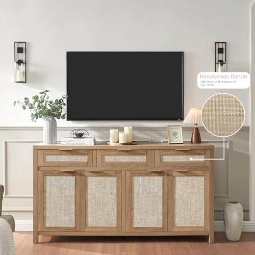 HOKYHOKY 63" Rattan Sideboard Buffet Cabinet, Boho Storage Cabinet