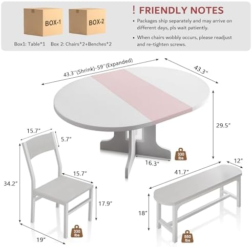 iPormis 5-Piece Round Dining Table Set for 4-6, 59" Extendable Dining Ro...