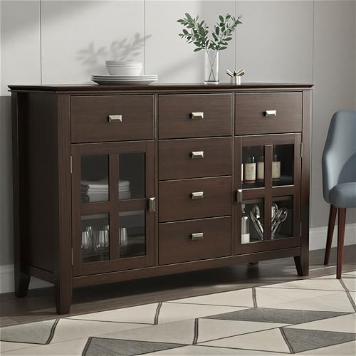 SIMPLIHOME Artisan 54" Wide Solid Wood 3-Door Buffet in Dark Chestnut Brown