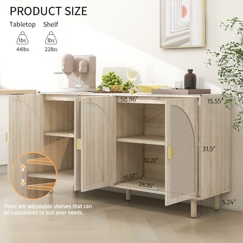 Sideboard Buffet Cabinet with Storage - Rattan 4 Door Cabinet, Accent Storage...