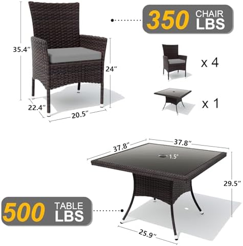 Gotland 5 Piece Outdoor Dining Set, All-Weather Rattan Patio Furniture Set wi...