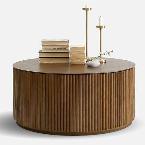 Minimalist Solid Wood Drum End Table, Fluted Round Design, Fully Assembled Ni...