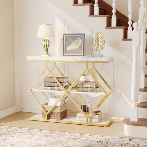 3-Tier Industrial Entryway Table with Diamond-Shaped Metal Frame, Open Shelf ...