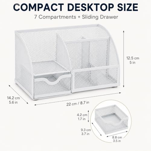 Exerz Desk Organizer 7 Compartments Metal Mesh Pen Holder Caddy White | Compact White Desktop Storage for Notes Clips Scissors Rulers Craft Tools Makeup Study and Home Use