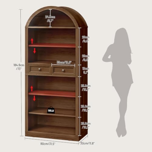 RALGEND Arched Bookshelf, 73" Tall Arch Bookcase with Drawers, Farmhouse...