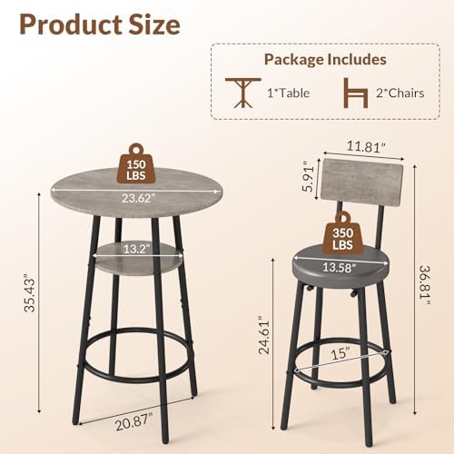 Zevemomo 3 Pieces Bar Table and Chairs Set Pub Table and Chairs for 2-Grey