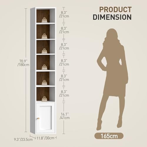 RALGEND 7-Tier Tall Narrow Bookshelf with Door, 70.9 Inches CD DVD Slim Media...