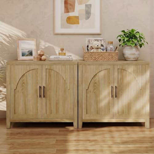 Bestier 37 "W Fluted Sideboard Buffet Cabinet with Storage, Natural Oak