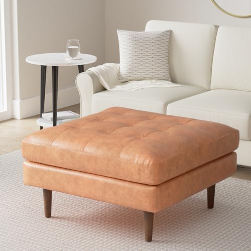 Poly & BARK Napa Ottoman - Full-Grain Leather Upholstered Ottoman with Fe...
