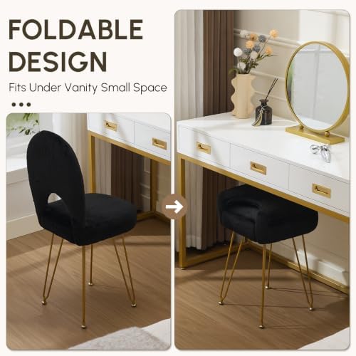 Foldable Vanity Stool with Backrest Ottoman Makeup Chair with Gold Legs