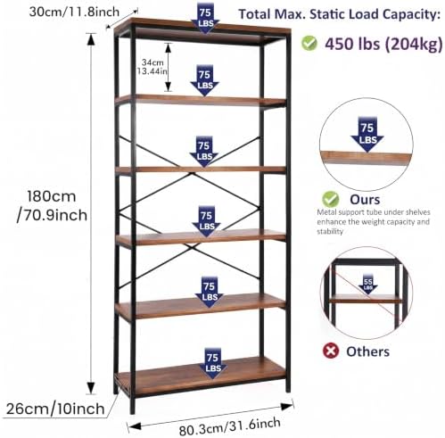 Himimi 6-Tier Bookshelf, 71'' Tall Bookcase Vintage Storage Shelf, Di...