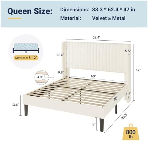 Allewie Queen Size Velvet Bed Frame/Vertical Channel Tufted Wingback Headboar...