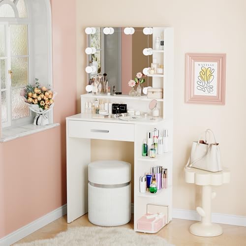 Makeup Vanity Desk with Mirror and Lights, 26.4”Small Vanity Mirror with Ligh...