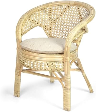 Set of 4 Pelangi Handmade Rattan Dining Wicker Chairs Natural Color w/Cream C...