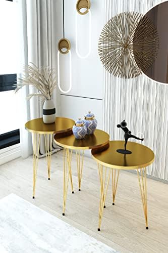 Set of 3 High Gloss Gold Nesting End Tables Round Wood Stacking Coffee Side A...