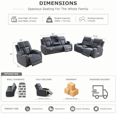 Power Reclining Sofa Set with USB Charging/LED, Blueish Grey Leather Recliner...