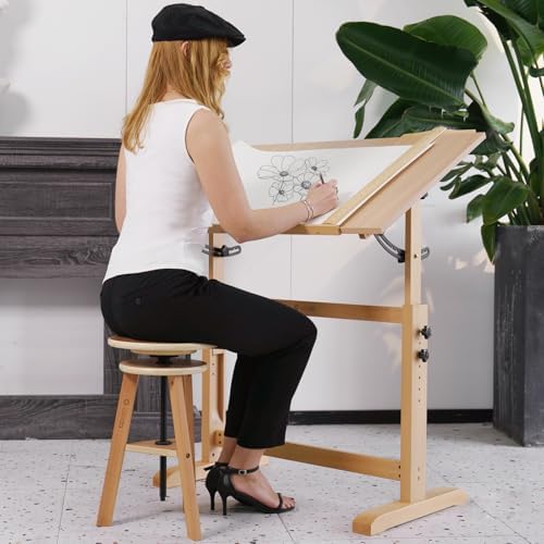conda Adjustable Height Wooden Drafting Stool 20" to 25", Beech Woo...