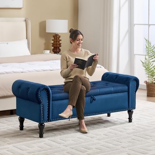 Storage Bench for Bedroom, 51" Upholstered End of Bed Bench, Velvet Quee...