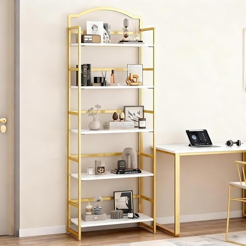 JSB 5 Tier No Assembly Folding Bookshelf, Arched Bookshelf, Foldable Bookcase...