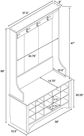 Prepac Entryway Organizer with 4 Coat Hooks, Coat Rack Hall Tree with Bench and Coat Storage, Furniture for Entryway with 15 Cubbies for Shoe Storage, 38” W x 68” H x 15.5” D, Drifted Gray