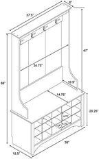 Prepac Entryway Organizer with 4 Coat Hooks, Coat Rack Hall Tree with Bench and Coat Storage, Furniture for Entryway with 15 Cubbies for Shoe Storage, 38” W x 68” H x 15.5” D, Drifted Gray