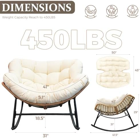 FINCATI 2 PCS Outdoor Rocking Chair, Oversized Papasan Rocking Chair | 450 Lb...