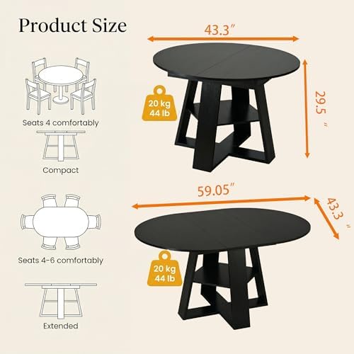 5 Piece Round Extendable Dining Table Set for 4, 43"-59" Black Wood...