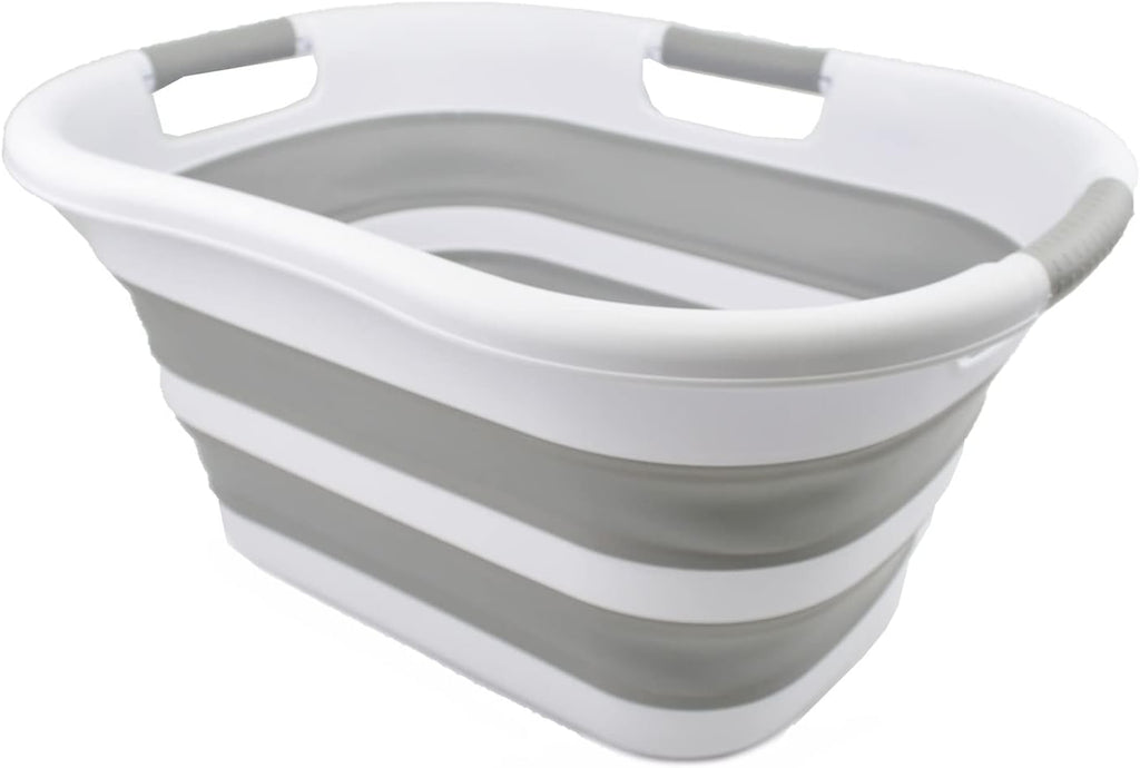 SAMMART 30L (7.9 gallon) Collapsible Plastic Laundry Basket - Foldable Pop Up Storage Container/Organizer - Portable Washing Tub - Space Saving Hamper/Basket (1, White/Grey)