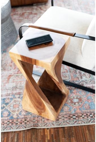 East at Main Cason Teak Side Table, Hand-Carved Twist Wood End Table
