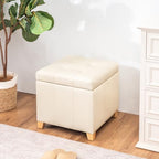 Adeco Square Storage Ottoman with Hinged Lid, 16" Upholstered Foot Stool & Seat for Entryway, Living Room, Faux Leather with Wood Legs (Ivory White)