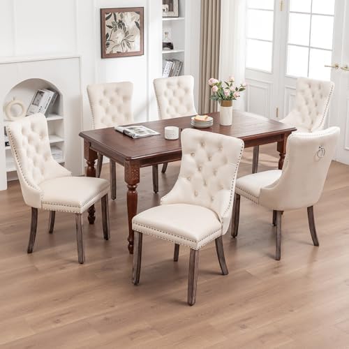 Velvet Dining Chairs, Tufted Kitchen & Dining Room Chairs, Beige, Set of 6