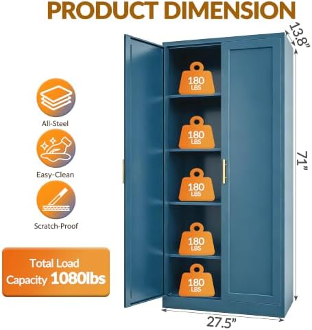 BESFUR 71" Tall Metal Storage Cabinet with 2 Doors and 4 Adjustable Shel...