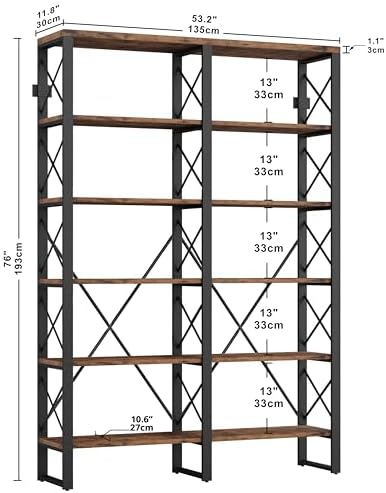 IRONCK Bookshelf Double Wide 6-Tier 76" H, Open Large Bookcase, Industri...