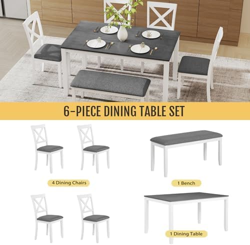 Zevemomo 6-Piece Solid Wood Dining Table Set, Wooden Legs, White | Including ...