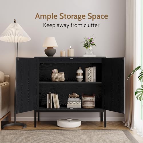 Yechen 63“ W Black Rattan Cabinet, Farmhouse Sideboard Cabinet with Natural R...