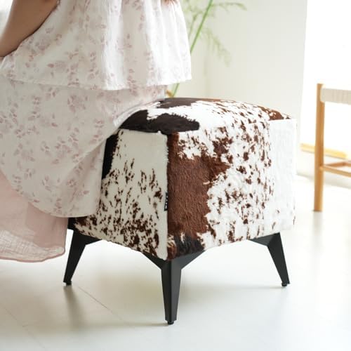 Tricolor Cow Print Ottoman, Faux Cowhide Footstool, Western Style | 16x16x17 ...