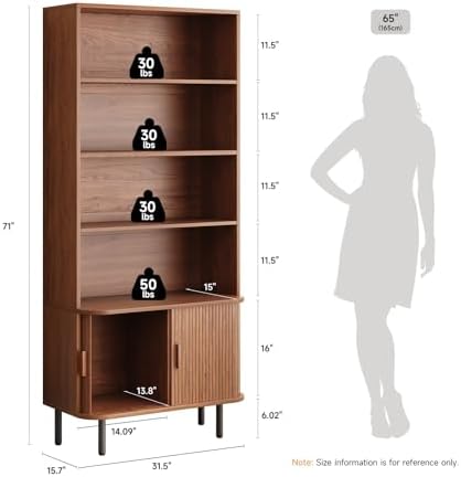 ONBRILL 71" Bookshelf with Sliding Door, Bookcase Storage Cabinet, Walnut