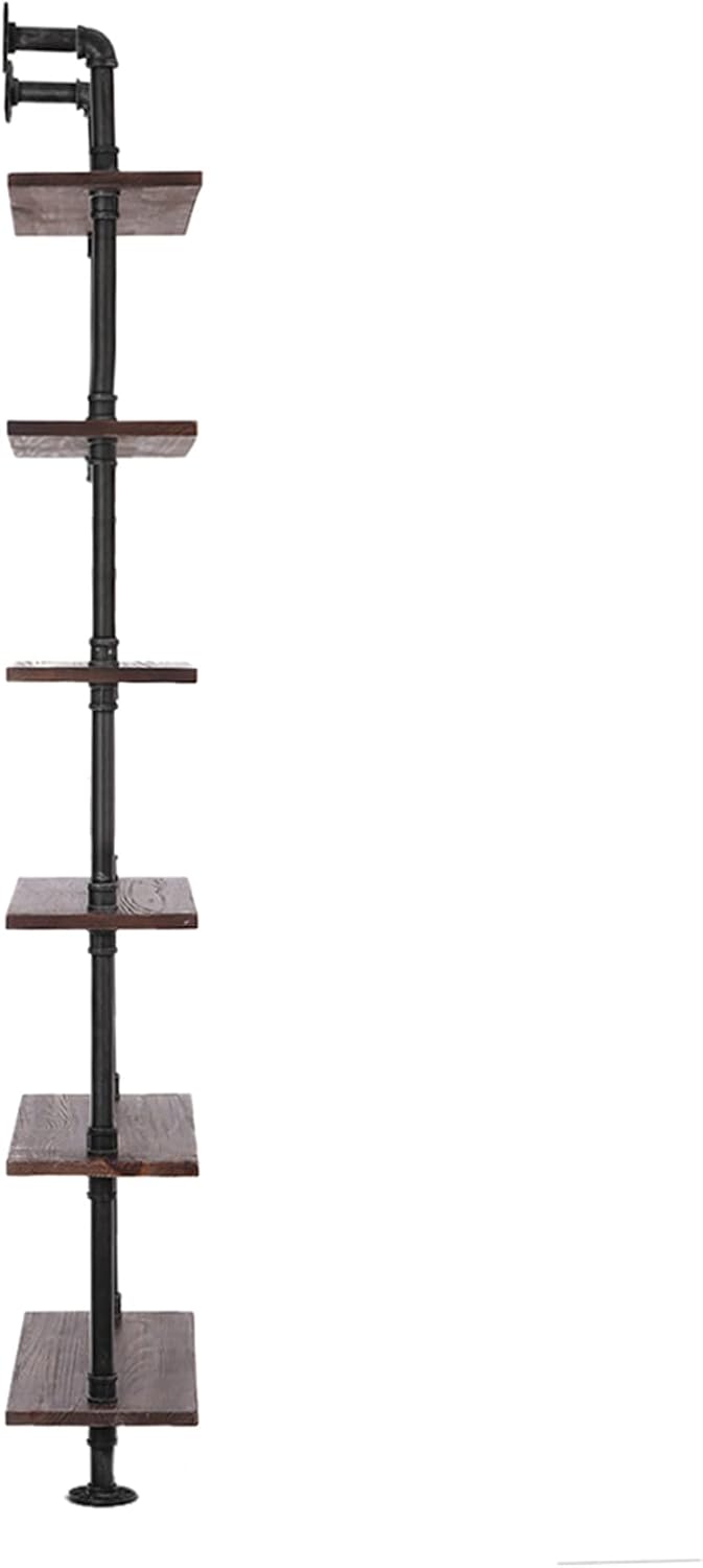 6 Tier Ladder Wall Shelf with Wood Planks, Industrial Iron Pipe Style Storage Rack for Living Room or Home Office