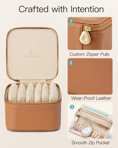 VLANDO Travel Jewelry Case,Valentines Gifts,Small Jewelry Box Organizer,Travel Jewelry Storage with 6 Velvet Jewelry Zipper Pockets, Birthday Gifts for Women Girls (Brown)