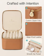 VLANDO Travel Jewelry Case,Valentines Gifts,Small Jewelry Box Organizer,Travel Jewelry Storage with 6 Velvet Jewelry Zipper Pockets, Birthday Gifts for Women Girls (Brown)
