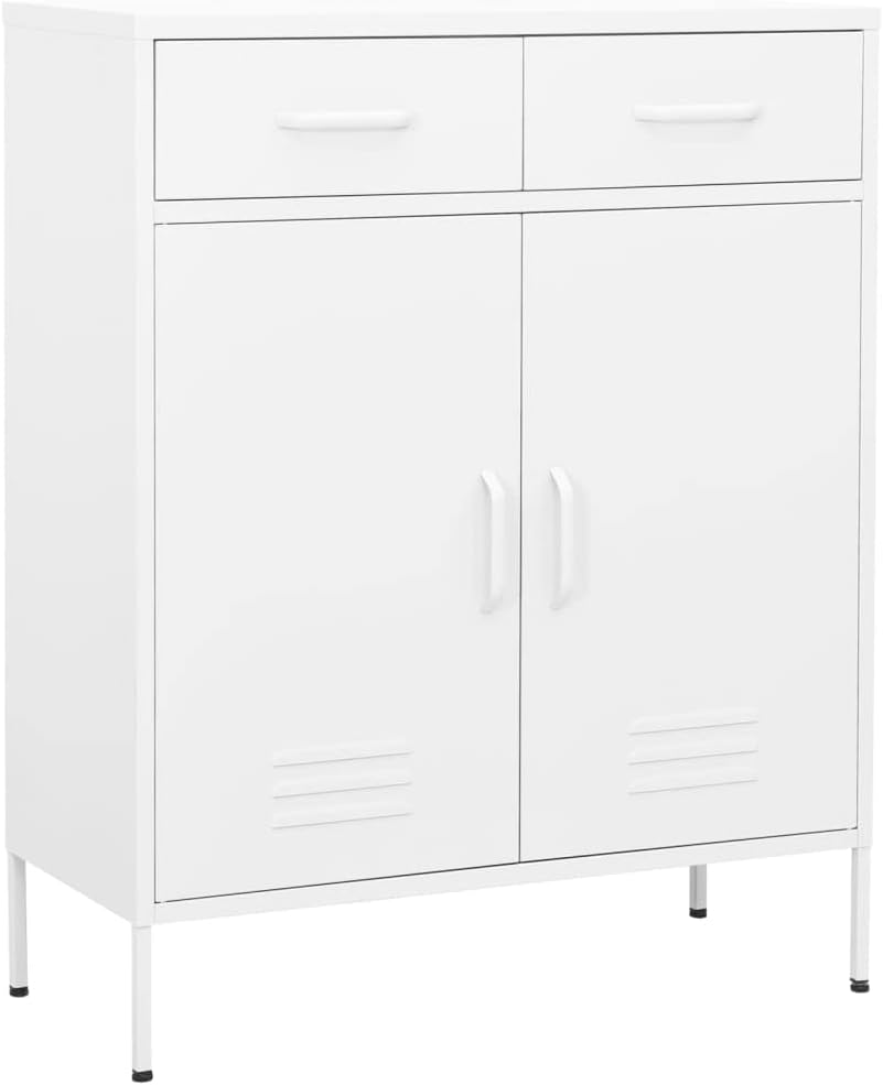 White Steel Cabinet 31.5x13.8x40 in, 2-Door Pantry w/ 2 Drawers, Adjustable S...