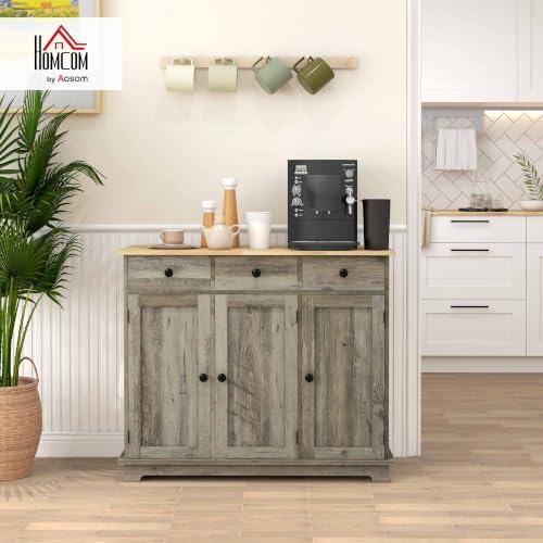 HOMCOM Sideboard Buffet Cabinet Solid Wood Countertop Distressed Gray