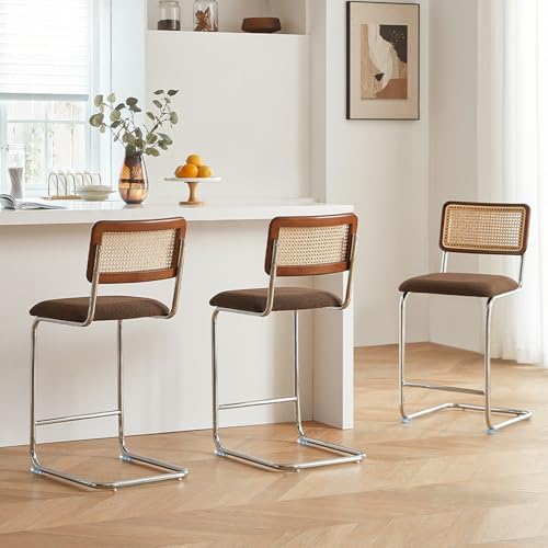 GrandNoor Natural Rattan Counter Height Stools Set of 3 with Solid Wood Back,...