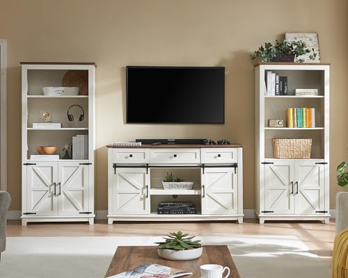 AMERLIFE 2-Piece 5-Tier Farmhouse Bookcase with Barn Doors, Rustic White