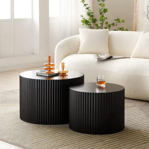 WILLIAMSPACE Black Round Coffee Table Set of 3, Modern Circle Wood Coffee Tab...