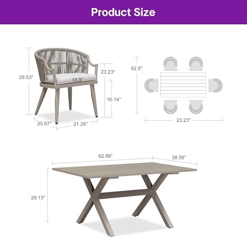 PURPLE LEAF Patio Dining Set for 6 Ergonomic Backrest & Cushion, Champagne