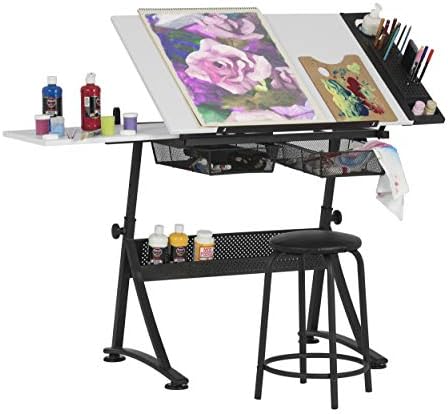 Fusion Drafting Table with Stool, Height Adjustable Desk with Tilt Top, Charc...