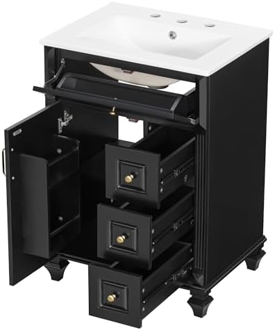 JIVOIT 24 Inch Bathroom Vanity with Ceramic Sink Top, Solid Wood & MDF Va...