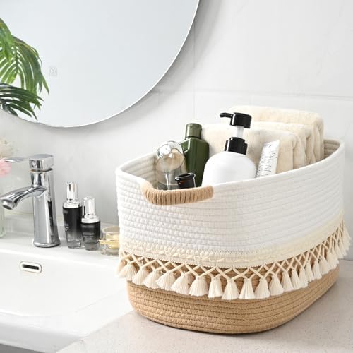 2 Pack Storage Basket for Shelves, Boho Cotton Rope Storage Bins with Heavy Tassel, Shelf Baskets Large Woven Baskets for Organizing, Cube Organizer Bins, Baby Laundry Basket for Clothes, Toys, Pets
