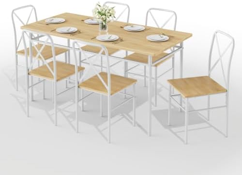 VECELO 7-Piece Dining Table Set for 6, Wood Dinette with Chairs, Natural White
